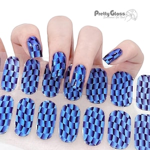 Chameleon Checkered Semicured Gel Nail Wraps Shimmer 22 Strips Blue Purple Shift UV Gel Stickers, 3D Holographic Press On Nails