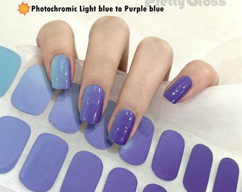 Gel-Nagelfolien, sonnenfarben, photochrom, hellblau bis violett, blaue Farbe, glänzendes Design, mintblaue Nagelaufkleber, 20 Streifen, nähren echten Gel-Nagellack