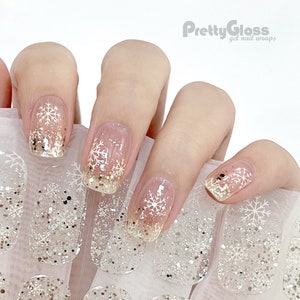 Gel Nail Wraps White Snowflake Gold Sequin Glitter Transparent Ombre Design 22 Strips Nourish Real Cured Gel Nail Polish Sticker