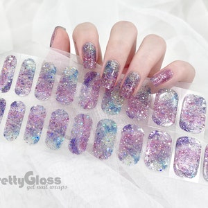 Gel Nail Wraps Holographic Sequin Glitter Pink Blue Purple Color Tie-Dye Translucent 22 Strips Nourish Real Cured Gel Nail Polish Sticker