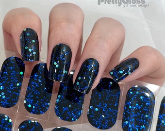 Gel Nail Wraps Blue Green Sequin Glitter on Black Design 22 Strips Nourish Cured Real Gel Nail Polish Sticker