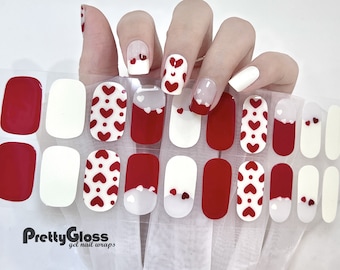 Gel Nail Wraps Solid Red & White Glossy Hearts Design 20 Strips Nourish Real Gel Nail Polish