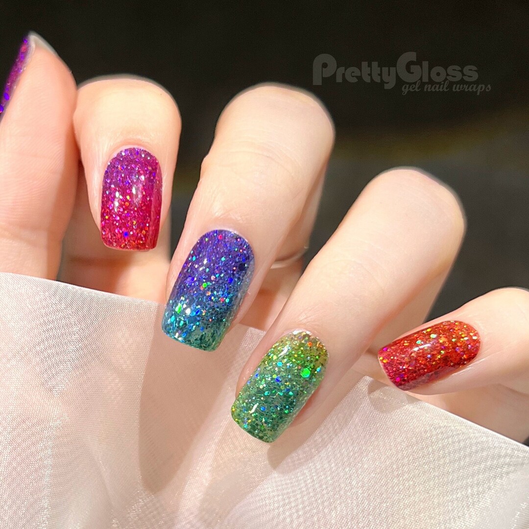 Gel Nail Wraps Rainbow Color Sequin Glitter Nail Polish Street Etsy