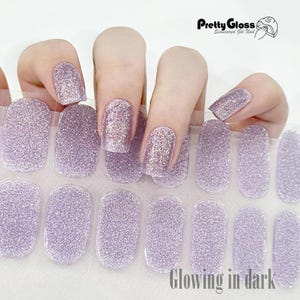 Semicured Gel Nail Wraps Glowing In Dark Purple Color Sequin Glitter Design 22 Strips Nourish Bake Gel Nail Stickers