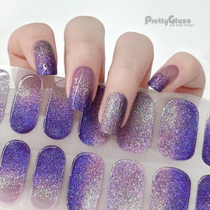 Gel Nail Wraps Nail Stickers Purple Crystal Diamond Powder Holographic Glitter Ombre Gradient Design 22 Strips Nourish Real Gel Nail Polish