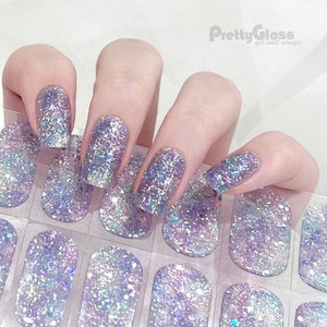 Gel Nail Wraps Holographic Sequin Glitter Blue Purple Tie-Dye Translucent Design 22 Strips Nourish Real Cured Gel Nail Polish Sticker