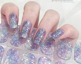 Gel Nail Wraps Holographic Sequin Glitter Blue Purple Tie-Dye Translucent Design 22 Strips Nourish Real Cured Gel Nail Polish Sticker