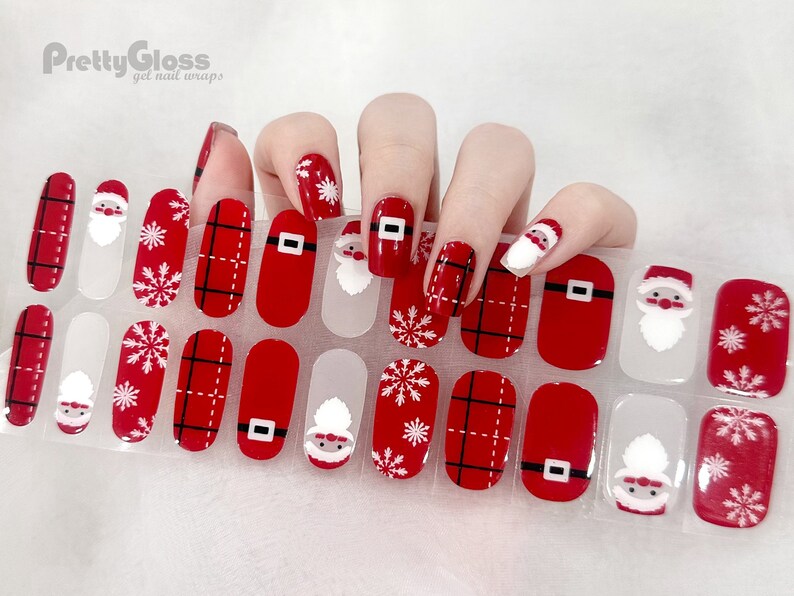 Gel Nail Wraps Red and White Color Christmas Santa Claus Ssnowflakes Pattern Art 22 Strips