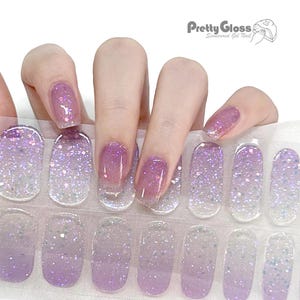 Semicured Gel Nail Wraps Jelly Translucent Purple Gradient Ombre Silver Glitter Nail Stickers 22 Strips Nourish Real Gel Nail Polish