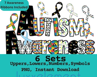 Autism Awareness PNG Letter Set Numbers 6 Sets PNG Puzzle Letter Primary Colors Bundle Alphabet Set Clipart Ribbon PNG Autism Font Cut File