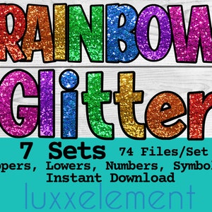 7 cores de glitter bim Alpha Doodle Rainbow Glitter PNG Letras do alfabeto Números Símbolos Pacote Desenhado à mão Design Sublimação DTF para impressão