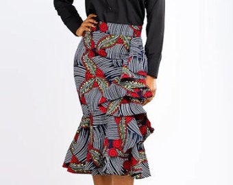 African Print Zanzibar Side Ruffle Skirt