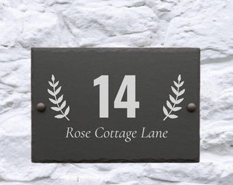 Cottage Garden Slate House Sign | Botanical Leaf Door Plaque | Personalized Address Sign | Engraved