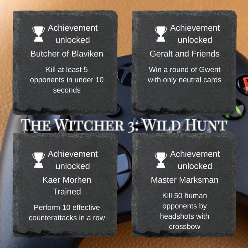 Posavasos de regalo para gamers de Xbox One con la inscripción "Logro desbloqueado". Pizarra grabada con láser para gamers. Decoración artística para nerds. The Witcher 3