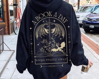 A Book a Day Dragon Hoodie, Bookish Sweatshirt, Book Club Hoodie, Fantasy Book Merch, Gift for Reader, Fantasy Book Lover, Front Back Hoodie
