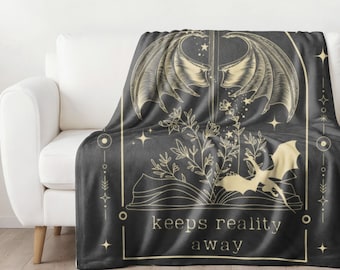Book Dragon Blanket, Reading Adult Minky Throw, Soft Cozy Blankets, Gift For Reading Lover, Bookworm, Dragon Wings Present, A Book a Day
