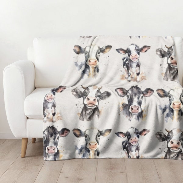 Watercolor Cow Print Blanket, Adorable Baby Cow Velveteen Throw, Homestead Plush Blanket, Farmhouse Decor, Gift for Cow Lover, Kid's Blanket