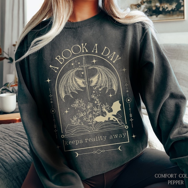 A Book a Day Dragon Sweater, Comfort Colors® Bookish Sweatshirt, Book Club Shirt, Fantasy Book Merch T-Shirt, Gift for Reader, Book Lover