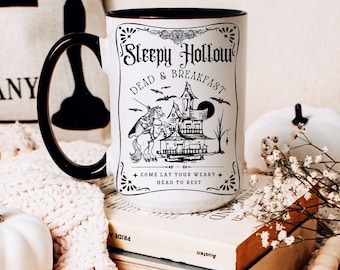 Sleepy Hohle Toten und Frühstück Kaffeebecher, Gruselige Saison Tasse, Halloween Becher, Herbst Kaffee Bar Dekor, Große Schwarze Tasse, Kopflose Reiter