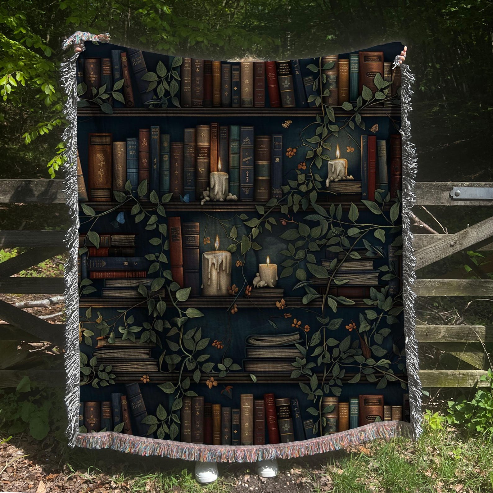 Dark academia woven blanket with vintage books, candles, and vines—ideal for summer goth picnics, beach lounging, or cozy rituals.