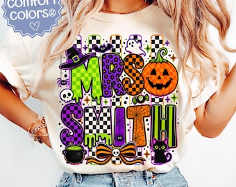 Customized Halloween Teacher Shirt, 90s Y2K Checkered Teacher Tee, Pre-K Teacher TShirt, Cute Spooky Ghost Personalized Kindergarten Shirt