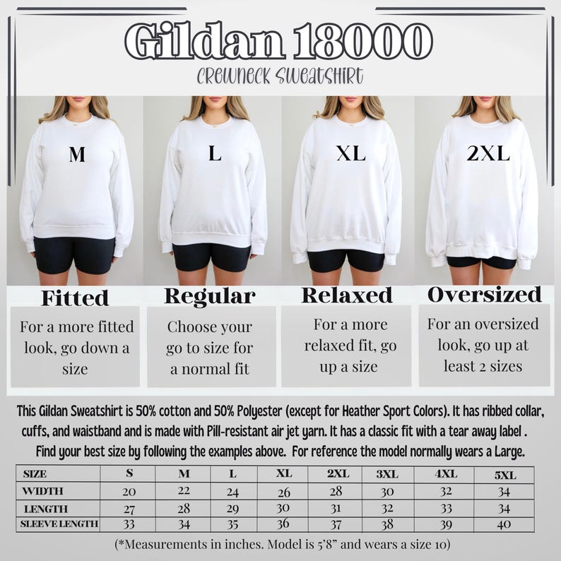 May include: Size chart for Gildan 18000 crewneck sweatshirts in sizes S to 5XL. The chart shows width, length, and sleeve length measurements in inches. The chart also includes descriptions of the fit for each size: fitted, regular, relaxed, and oversized.