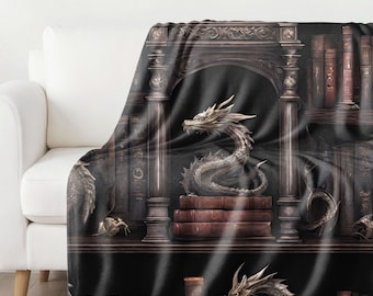 Book Dragon Blanket, Vintage Books Blanket, Soft Cozy Goth Throw, Gift For Reading Lover, Bookworm, Dragon Wings Gift, Booktok Things
