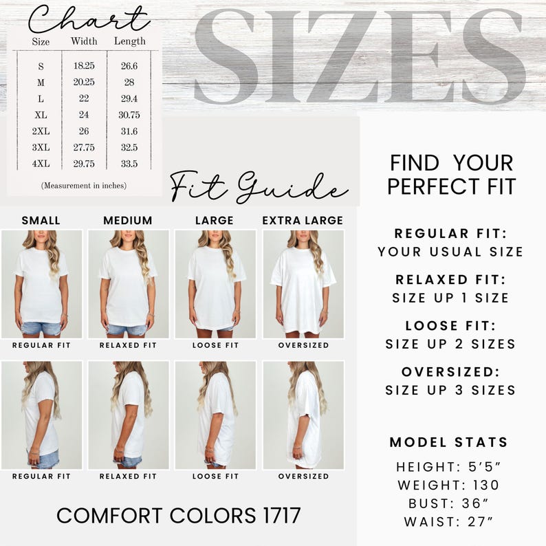 Puede incluir: Una tabla de tallas para camisetas Comfort Colors 1717, que muestra el ancho y largo en pulgadas para tallas de S a 4XL. Incluye una gu&iacute;a de ajuste con ejemplos visuales de cortes regulares, relajados, holgados y extragrandes, m&aacute;s medidas.