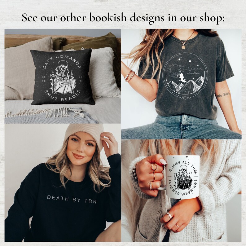 Puede incluir: Cuatro dise&ntilde;os diferentes con un esqueleto leyendo un libro, una cordillera con un gato volando sobre ella, una taza con un esqueleto leyendo un libro y una sudadera negra con el texto "DEATH BY TBR".