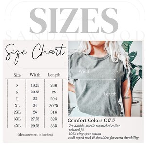 May include: Size chart for a t-shirt with measurements in inches for sizes S through 4XL. The chart shows width and length measurements for each size. The t-shirt is a light gray color with a relaxed fit. The text "Comfort Colors C1717" is visible in the image. The text below describes the t-shirt as having a 7/8 double-needle topstitched collar, a relaxed fit, and being made of 100% ring spun cotton with twill taped neck and shoulders for extra durability.