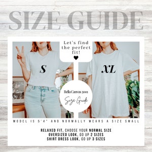 K&ouml;nnte beinhalten: Gr&ouml;&szlig;entabelle f&uuml;r Bella Canvas 3001 T-Shirts. Ein Model tr&auml;gt ein T-Shirt in Gr&ouml;&szlig;e S und ein T-Shirt in Gr&ouml;&szlig;e XL. Der Text lautet "Lass uns die perfekte Passform finden!" und gibt Gr&ouml;&szlig;enempfehlungen f&uuml;r eine lockere Passform, einen Oversize-Look und einen Hemdbluse-Look.