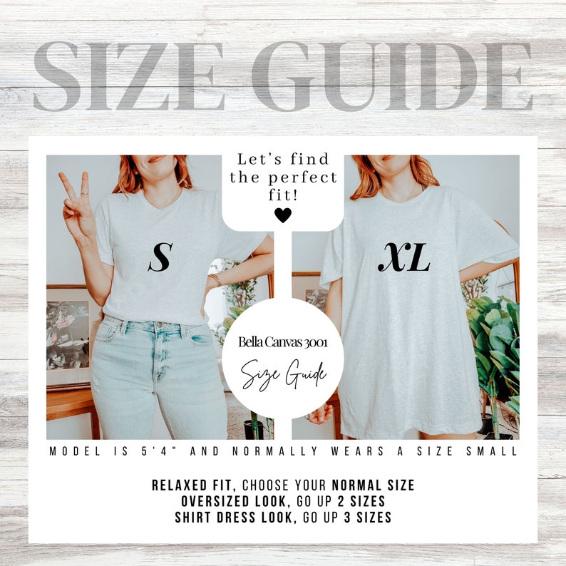 K&ouml;nnte beinhalten: Gr&ouml;&szlig;entabelle f&uuml;r Bella Canvas 3001 T-Shirts. Ein Model tr&auml;gt ein T-Shirt in Gr&ouml;&szlig;e S und ein T-Shirt in Gr&ouml;&szlig;e XL. Der Text lautet "Lass uns die perfekte Passform finden!" und gibt Gr&ouml;&szlig;enempfehlungen f&uuml;r eine lockere Passform, einen Oversize-Look und einen Hemdbluse-Look.