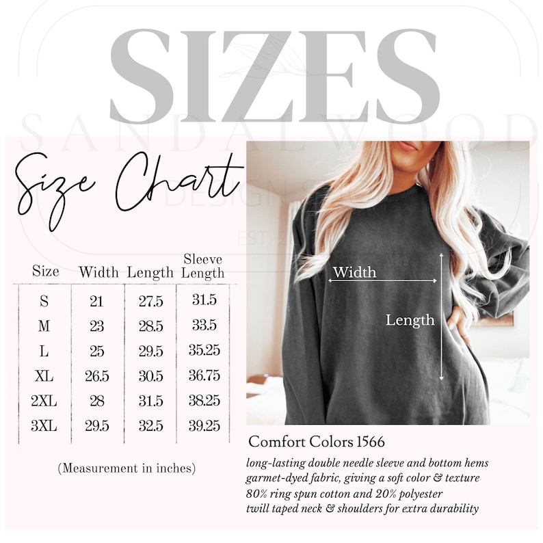 May include: Size chart for a sweatshirt with measurements in inches for width, length, and sleeve length. Sizes range from S to 3XL. The chart includes the text "Comfort Colors 1566" and a description of the fabric and construction.