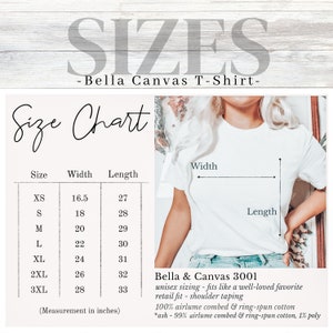 K&ouml;nnte beinhalten: Gr&ouml;&szlig;entabelle f&uuml;r Bella + Canvas 3001 Unisex-T-Shirts. Die Tabelle zeigt die Ma&szlig;e in Zoll f&uuml;r Breite und L&auml;nge f&uuml;r die Gr&ouml;&szlig;en XS bis 3XL. Der Text besagt, dass die Gr&ouml;&szlig;e Unisex ist und wie ein beliebtes Lieblingsst&uuml;ck sitzt, mit einer klassischen Passform und Schulterabn&auml;her. Der Stoff ist 100 % Airlume-gek&auml;mmte und ringgesponnene Baumwolle, wobei die Farbe Asche aus 99 % Airlume-gek&auml;mmter und ringgesponnener Baumwolle und 1 % Polyester besteht.