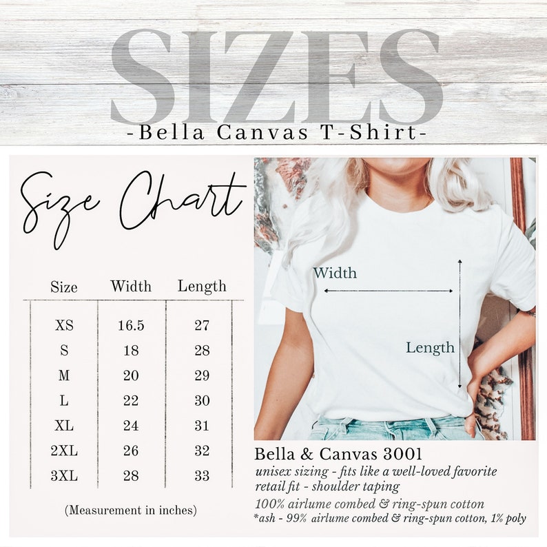 K&ouml;nnte beinhalten: Gr&ouml;&szlig;entabelle f&uuml;r Bella + Canvas 3001 Unisex-T-Shirts. Die Tabelle zeigt die Ma&szlig;e in Zoll f&uuml;r Breite und L&auml;nge f&uuml;r die Gr&ouml;&szlig;en XS bis 3XL. Der Text besagt, dass die Gr&ouml;&szlig;e Unisex ist und wie ein beliebtes Lieblingsst&uuml;ck sitzt, mit einer klassischen Passform und Schulterabn&auml;her. Der Stoff ist 100 % Airlume-gek&auml;mmte und ringgesponnene Baumwolle, wobei die Farbe Asche aus 99 % Airlume-gek&auml;mmter und ringgesponnener Baumwolle und 1 % Polyester besteht.