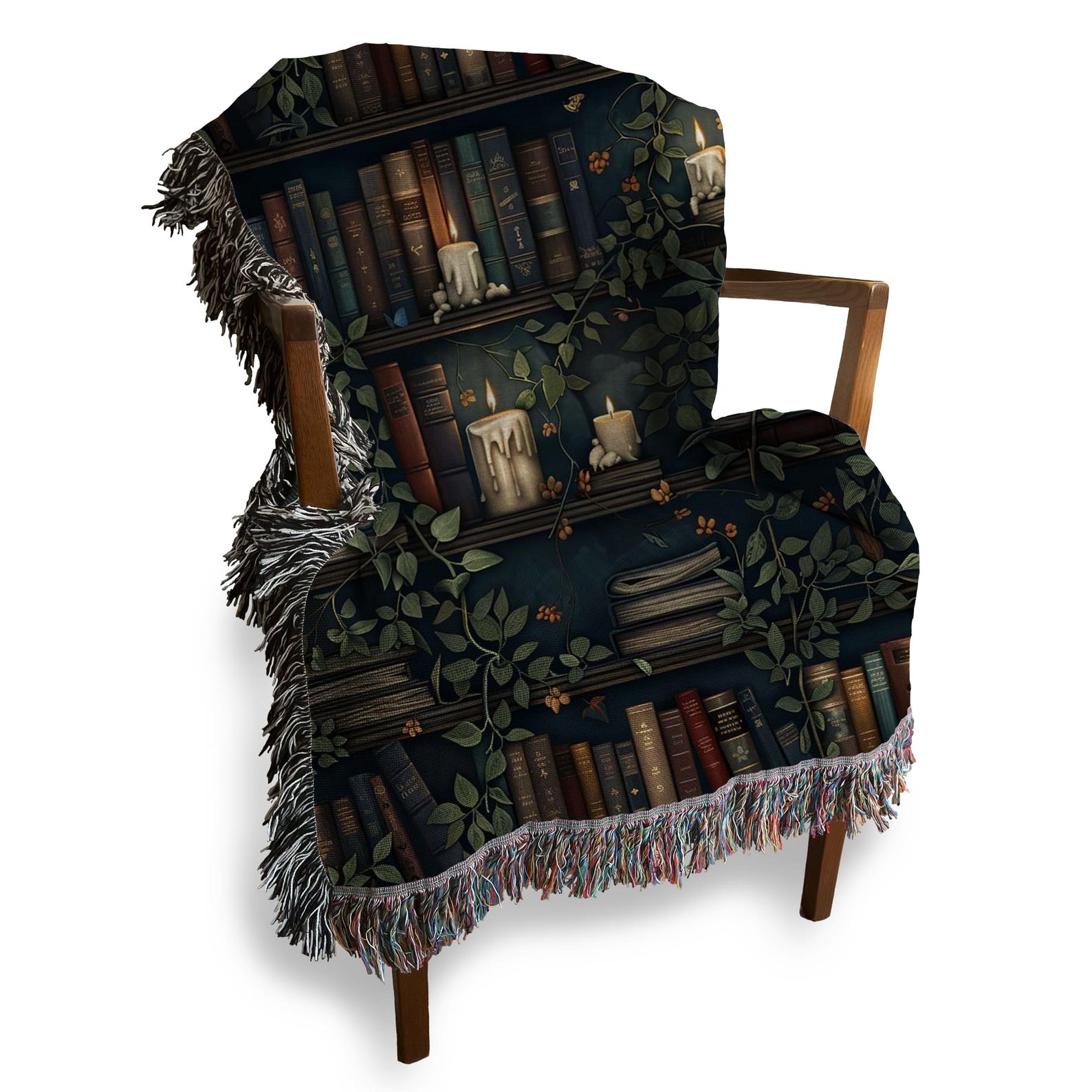 Dark academia woven throw draped over chair, featuring candles, books, and vines—perfect for gothic summer décor or moody beach days.