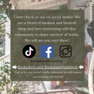 May include: A social media graphic with text promoting a bookshop. It features the TikTok, Facebook, and Instagram logos, along with the shop's handle. The text encourages engagement from booktokers and bookstagrammers.