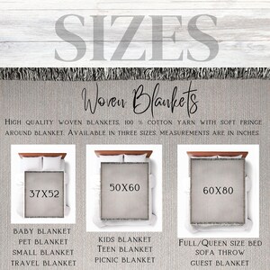 May include: Image showcasing woven blankets in three sizes: 37x52 inches, 50x60 inches, and 60x80 inches. The text highlights the high-quality cotton yarn and soft fringe. Blanket types include baby, pet, kids, teen, and full/queen size.