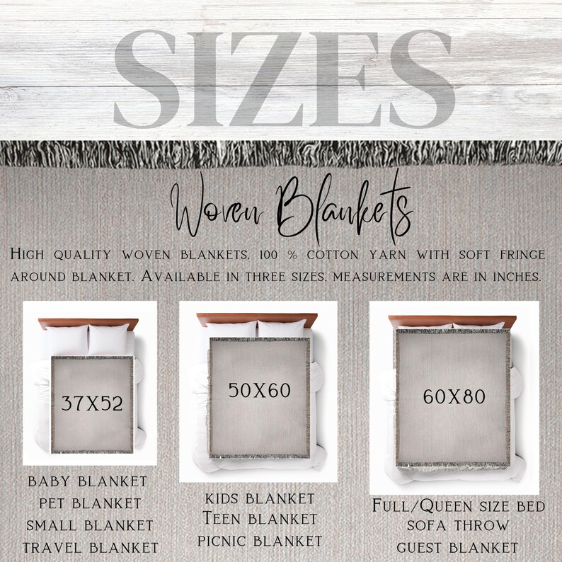May include: Image showcasing woven blankets in three sizes: 37x52 inches, 50x60 inches, and 60x80 inches. The text highlights the high-quality cotton yarn and soft fringe. Blanket types include baby, pet, kids, teen, and full/queen size.