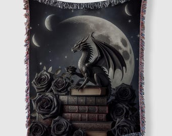 Fantasy Book Blanket, Dark Academia Decor, Dark Academia Blanket, Woven Cotton Throw for Dark Decor, Dragon Lover Gift, Fantasy Tapestry