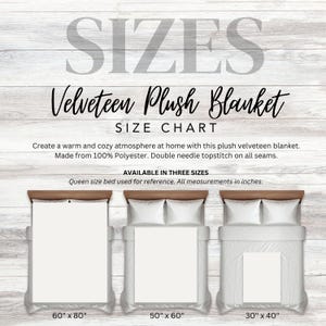 May include: A size chart for a velveteen plush blanket, showing three different sizes: 60 inches by 80 inches, 50 inches by 60 inches, and 30 inches by 40 inches. The chart includes a queen-sized bed for reference.