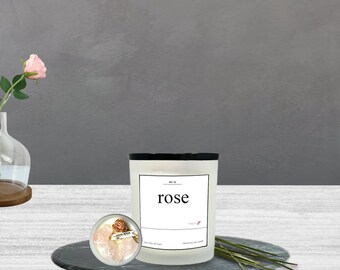 Evaparoma Rose Scented Candle With Dried Florals and Amethyst Crystals Soy Wax Natural Handmade