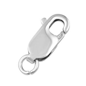 May include: A silver-toned lobster claw clasp featuring a smooth, polished finish and a spring-loaded mechanism. The jewelry finding includes a small, circular jump ring attached to the base, designed for secure attachment to chains or necklaces.
