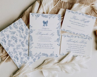 Stofblauwe toile-uitnodigingssuite voor babyshower (digitale download)