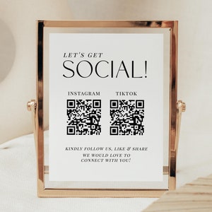 May include: A gold-framed sign with the text "Let's Get Social!" and QR codes for Instagram and TikTok. The text below the QR codes reads "Kindly follow us, like & share, we would love to connect with you!"