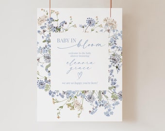 Blauw welkomstbord wilde bloemen babyshower (digitale download)
