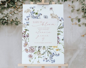 Welkomstbordje wilde bloemen babyshower: roze bloemen (digitale download)