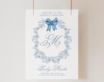 Stoffig blauw welkomstbord babyshower: toile en strik (digitale download)