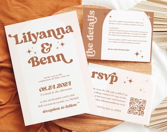 Retro boog terracotta huwelijksuitnodiging met QR-code (digitale download)