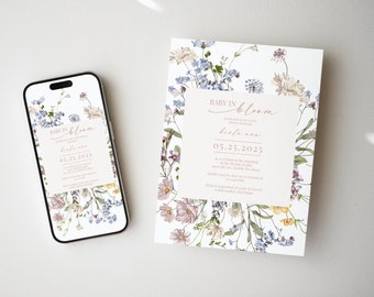 Uitnodiging babyshower wilde bloemen: neutrale bloemen-e-vite (digitaal)